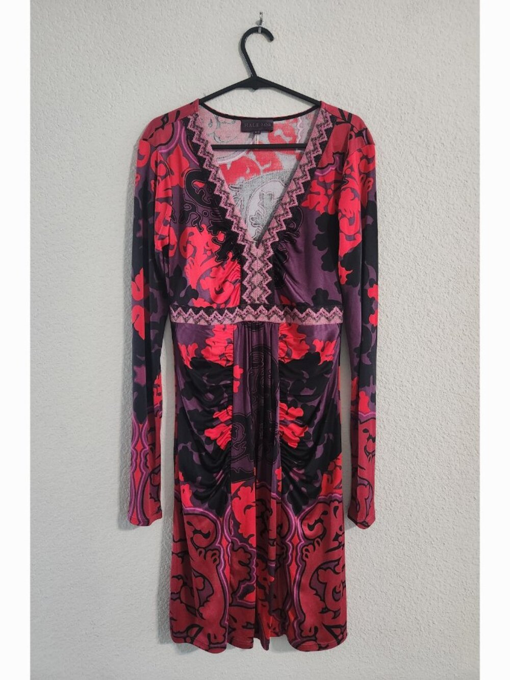 Hale Bob Dress Women’s XS 100% silk Long-sleeve v-neck mini dress Red/purple